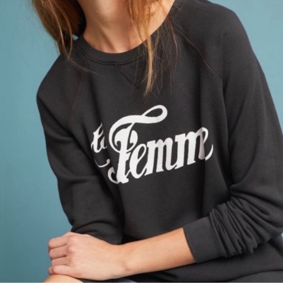 Anthropologie Tops - Anthropologie Sol Angeles La Femme Script Charcoal Grey Crewneck Sweatshirt XL